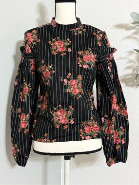H&M Pinstripe Floral Blouson Sleeve Fine Woven Cotton Ruffle Blouse